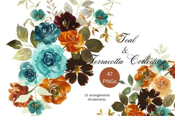 Download Teal &amp; Terracotta Watercolor Floral PNG - Png Collection